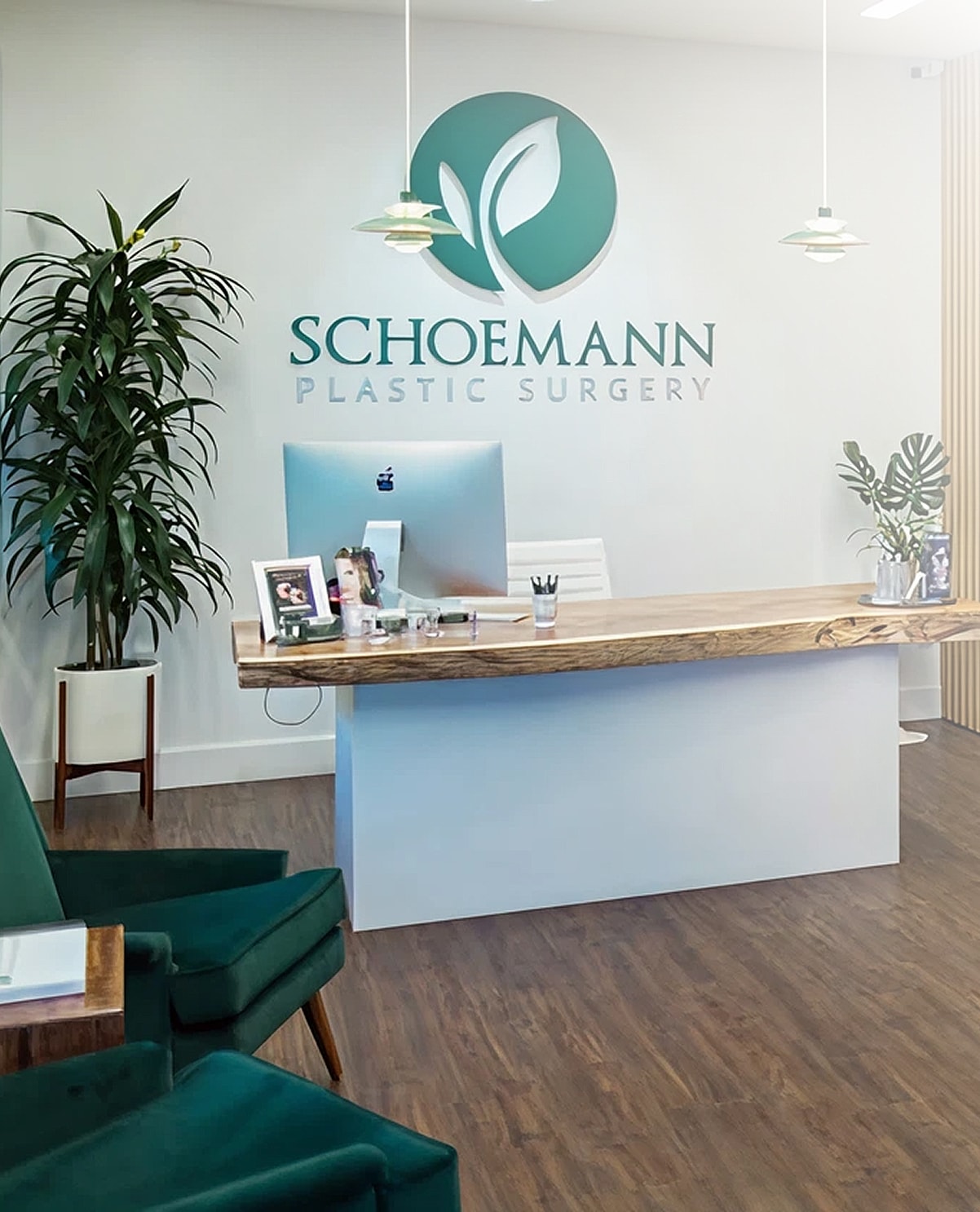 Modern plastic surgery reception area with greenery.